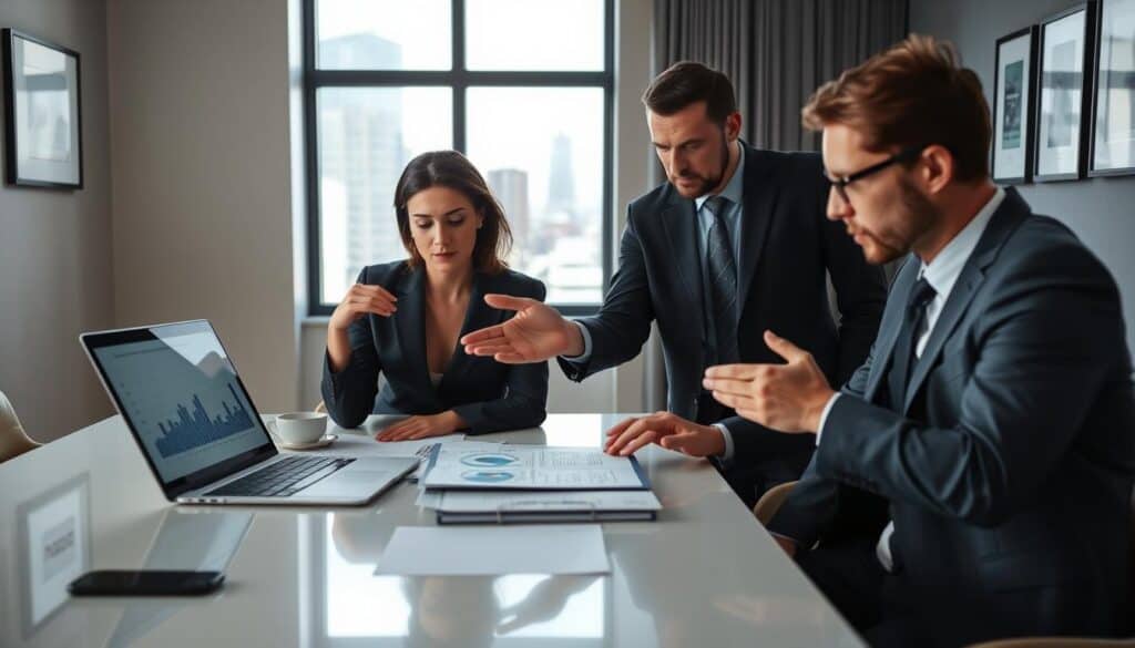 A business negotiation scene in a modern office environment. In the foreground, a confident professional woman in a tailored business suit is examining documents on a sleek conference table, her expression thoughtful. Her male colleague, dressed in a smart suit, gestures towards a laptop screen displaying charts and figures, emphasizing key points. In the middle background, a window reveals a cityscape, with natural light filtering in to create an optimistic atmosphere. On the walls, framed certificates reflect professionalism. The mood is serious yet collaborative, conveying the importance of meticulous analysis in negotiations. The composition captures the intensity of discussion with a slightly low angle to highlight the participants and their engagement in the process.