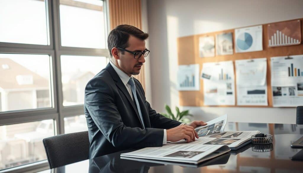 A detailed assessment of damage, depicted in a professional office setting. In the foreground, a focused insurance adjuster in a smart business suit, examining documents and photos of property damage on a sleek desk. The middle ground features a large, open window allowing soft natural light to illuminate the scene, casting gentle shadows across the room. Detailed charts and reports showcasing damage analysis are pinned to a corkboard in the background, providing context. The atmosphere conveys a sense of seriousness and diligence, underscoring the importance of thorough evaluations. The lighting is warm yet professional, enhancing the seriousness of the task at hand, while maintaining a calm and focused mood, highlighting the critical nature of precise damage assessments.