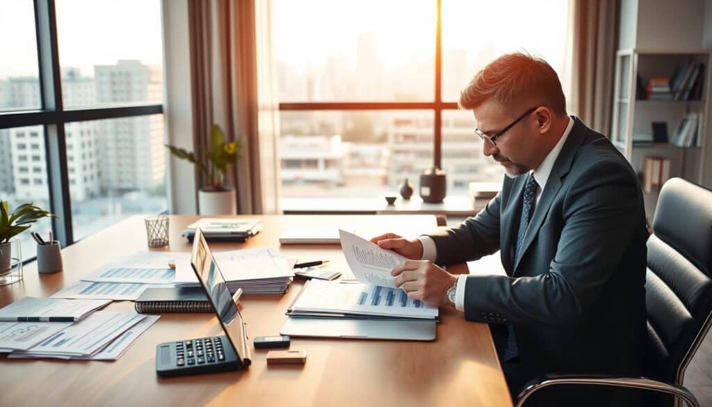 A detailed office scene illustrating a professional insurance assessment. In the foreground, a focused insurance adjuster, dressed in smart business attire, analyzes a stack of documents and a laptop displaying data charts. The middle ground features a large table with various case files, a digital tablet, and a calculator surrounded by mix of modern office decor. In the background, a large window reveals a cityscape bathed in soft, natural lighting, creating a calm yet professional atmosphere. The overall mood is analytical and serious, reflecting the theme of independent damage analysis and insurer evaluations. Aim for a high-quality, well-composed shot with sharp focus on the foreground items, exuding professionalism and diligence.