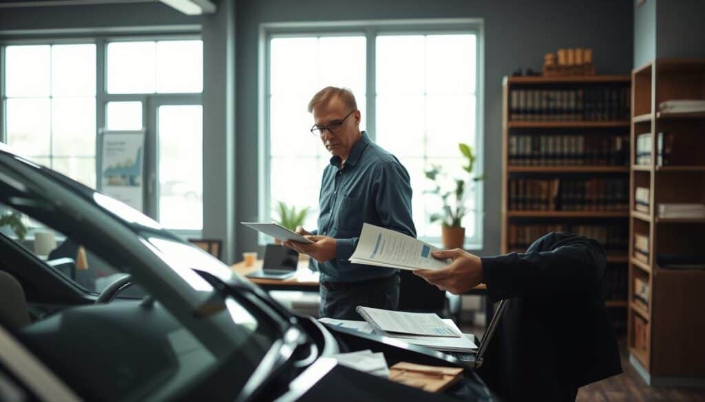 A focused scene depicting a professional insurance adjuster evaluating property damage, set in a well-lit, modern office environment. In the foreground, the adjuster, a middle-aged person in professional attire, is examining a damaged car with a clipboard in hand. In the middle ground, a large window allows soft natural light to filter in, illuminating a desk cluttered with repair estimates, legal documents, and a laptop displaying data graphs. In the background, shelves hold books on insurance law and regulations, conveying the influence of legal frameworks on insurance valuations. The mood is serious and analytical, emphasizing the importance of thorough damage assessment amidst regulations and potential underestimations. The angle captures the adjuster’s perspective, highlighting the intricacies of the valuation process.