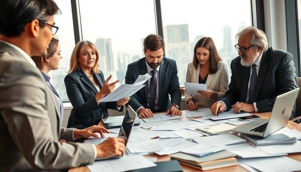 A professional office setting depicting a focused discussion about pursuing claims. In the foreground, a diverse group of individuals in business attire, including a middle-aged woman gesturing confidently, a young man analyzing documents, and an older gentleman taking notes. In the middle, a large table cluttered with papers, laptops, and legal documents. The background features a large window showing a cityscape, bathed in soft, natural lighting that creates a warm and collaborative atmosphere. The image should convey a sense of determination and professionalism, highlighting the serious nature of seeking compensation for damages. Use a slight tilt angle to emphasize the action in the discussion, enhancing engagement.