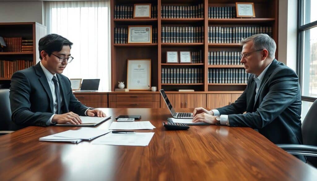 A professional office setting, with a large wooden desk in the foreground. On one side, a confident lawyer in a tailored suit, looking intently at a laptop displaying a document labeled "Claim Evaluation." On the opposite side, a concerned client, dressed in business casual attire, leaning forward, listening carefully. The middle ground features detailed papers and a calculator, indicating a meticulous assessment. The background shows a large bookshelf filled with legal books and framed certificates, representing expertise. Soft, diffused lighting creates a warm yet serious atmosphere, with natural light streaming through a window, casting gentle shadows. The perspective is slightly angled to emphasize the interaction and the importance of legal assistance in damage evaluation discussions.
