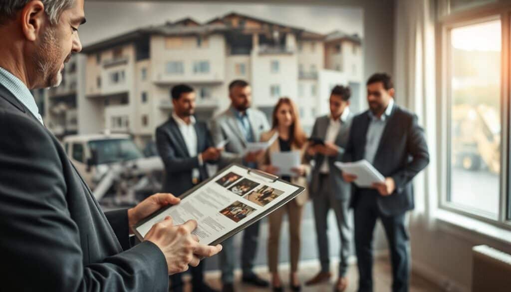 A professional setting depicting a detailed damage assessment scene. In the foreground, a focused insurance adjuster in business attire examines documents and photographs of damaged property, using a clipboard and a digital tablet. In the middle ground, a diverse group of professionals, including an estimator and a property owner, engage in an animated discussion, with a backdrop showing a damaged building and construction equipment. The background features soft natural lighting from a nearby window, casting a warm glow over the scene. The atmosphere is serious yet collaborative, emphasizing professionalism and attention to detail, captured with a shallow depth of field to highlight the key subjects while softly blurring the background.