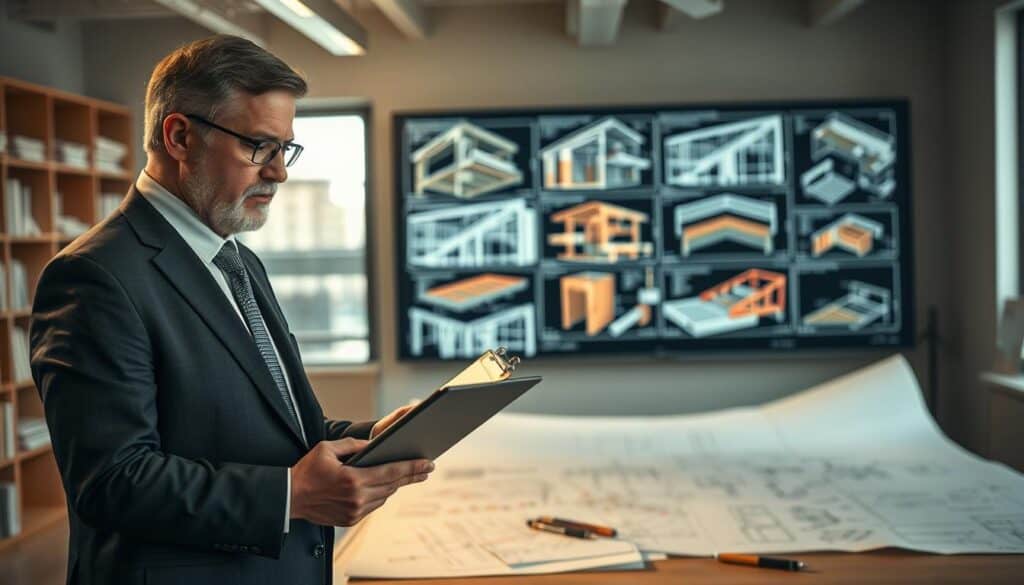 A professional setting illustrating a detailed insurance damage assessment. In the foreground, a focused middle-aged male adjuster, wearing a smart business suit, meticulously examines damage on a laptop while holding a clipboard. In the middle ground, an open office space filled with technical drawings and a large digital display showcasing structural analyses of various damages. The background features shelves filled with insurance documents and a large window letting in soft, natural light, creating a calm and analytical atmosphere. The lighting is warm and focused, highlighting the professional demeanor of the adjuster. The overall mood is serious and methodical, emphasizing the importance of precise technical analysis in evaluating damages.