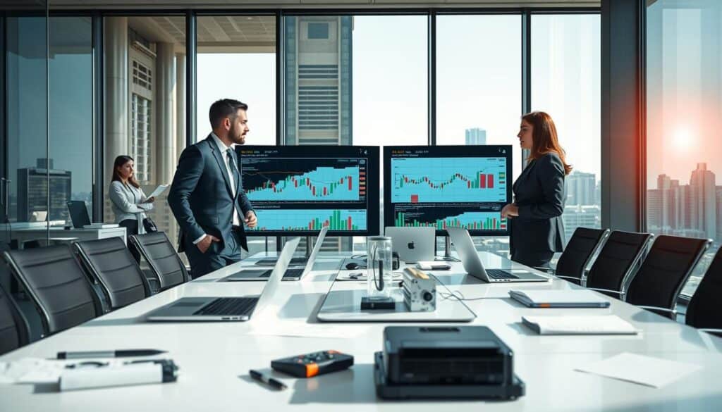 A professional setting showcasing a detailed technical analysis. In the foreground, a diverse group of three analysts, dressed in smart business attire, is intensely discussing graphs and charts displayed on a large screen. The middle ground features a high-tech conference table filled with laptops, documents, and technical equipment, enhancing the atmosphere of collaboration and expertise. In the background, a large window lets in natural light, casting a soft glow over the scene and revealing a view of a bustling cityscape. The lighting is bright and clear, creating an energetic and focused mood, emphasizing the benefits of thorough technical analysis in decision-making processes. The composition balances modernity and professionalism, with a lens that captures both the details of the analysis and the dynamic interaction among the analysts.