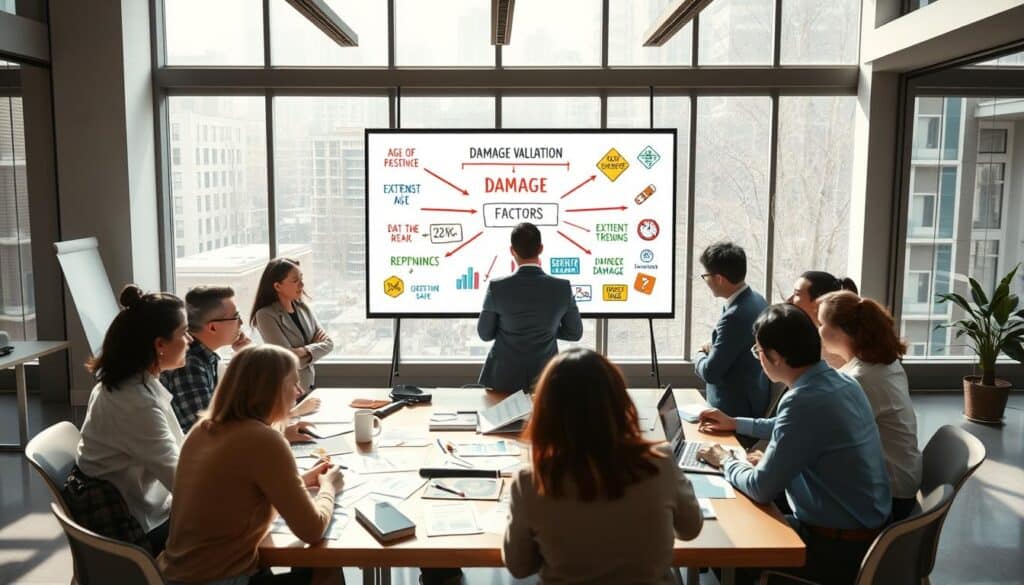 A visually striking image depicting the key factors influencing damage valuation. In the foreground, a diverse group of professionals in business attire, engaged in a brainstorming session around a large table filled with charts, graphs, and documents related to damage assessment. In the middle ground, a whiteboard showcases key terms and icons representing different factors such as age of the property, extent of damage, and market trends, with vivid colors to enhance understanding. The background features a modern office setting with large windows allowing natural light to flood in, creating a bright and focused atmosphere. The mood is collaborative and analytical, encouraging a thorough examination of the subject matter. Soft shadows and balanced lighting emphasize the professionalism of the scene, making it visually appealing for an article.