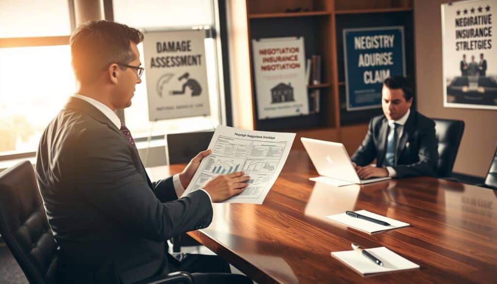 In a modern office setting, a professional business meeting unfolds around a polished wooden conference table. In the foreground, a confident individual in a well-tailored suit gestures towards a detailed damage assessment report, emphasizing key points. Across the table, an attentive insurance adjuster in formal attire listens carefully, with a laptop open and notes on hand. Soft, natural light streams through large windows, illuminating the room and creating a focused yet collaborative atmosphere. In the background, you can see shelves lined with industry books and motivational posters about negotiation strategies, reinforcing the theme of preparation and professionalism. The overall mood is serious yet constructive, highlighting the importance of effective negotiation skills in the insurance claim process.