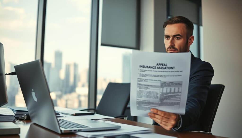 A business professional in a crisp suit sits at a modern office desk cluttered with paperwork and a laptop, looking thoughtfully at a printed insurance valuation document. His face reflects concern and determination, highlighting the seriousness of the appeal process against an undervalued insurance assessment. In the background, a large window reveals a cityscape bathed in soft, natural light, creating a contrast between the bustling city and the tense atmosphere inside the office. The scene is framed with an over-the-shoulder angle, emphasizing the document and the man's focused expression. The color palette is muted and professional, conveying a mood of urgency and meticulousness, perfect for illustrating the process of contesting an insurance valuation.