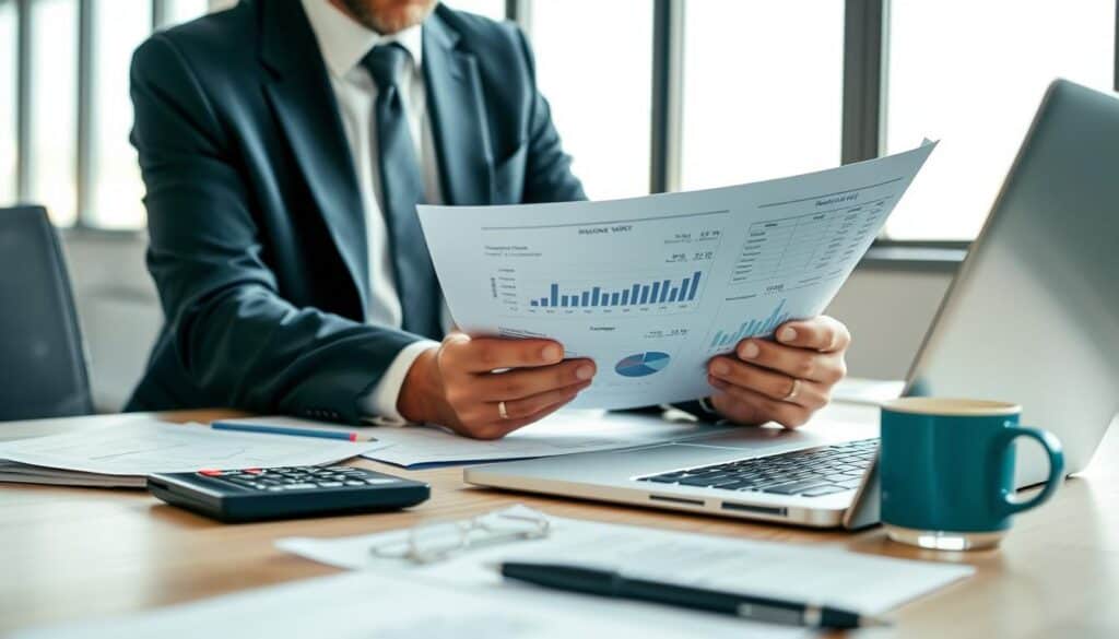 A close-up view of a financial analyst's desk in a modern office, showcasing a laptop displaying insurance valuation reports with graphs and charts. In the foreground, a professional in business attire is examining a document with a focused expression, symbolizing the scrutiny of undervalued insurance appraisals. In the middle ground, scattered papers, a calculator, and a coffee mug add to the analytical atmosphere. The background features a large window letting in soft, natural light, illuminating the scene and creating a clear, calm setting. The mood emphasizes diligence and professionalism, suggesting a serious evaluation process while avoiding distractions or unnecessary elements.