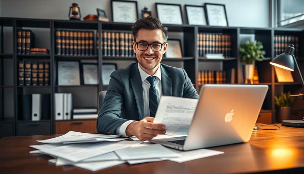 A confident business professional in a sleek office environment, sitting at a modern desk cluttered with documents and a laptop displaying a winning appeal case. The individual, dressed in formal business attire, is reviewing papers with a satisfied expression. In the background, shelves filled with legal books and framed certificates add a sense of credibility. Soft, warm lighting illuminates the scene, casting gentle shadows that enhance the professional atmosphere. The angle is slightly above eye level, capturing both the subject’s focused demeanor and the organized workspace. The overall mood should convey success and determination in navigating complex appeals.
