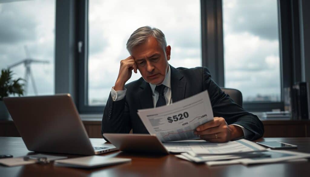 A contemplative scene depicting a professional office environment, focusing on a middle-aged individual in a tailored business suit, seated at a desk. The person appears deep in thought while reviewing a document with financial figures, symbolizing the impact of undervalued damage assessments. In the foreground, include a laptop and paperwork scattered around, emphasizing a sense of urgency and concern. The background features a large window with a cloudy sky, casting soft, diffused light into the room, creating a moody atmosphere. The overall image should evoke a feeling of tension and reflection, illustrating the challenges faced in everyday life due to financial undervaluation. Use a slight depth of field to focus on the individual while softly blurring the background elements.