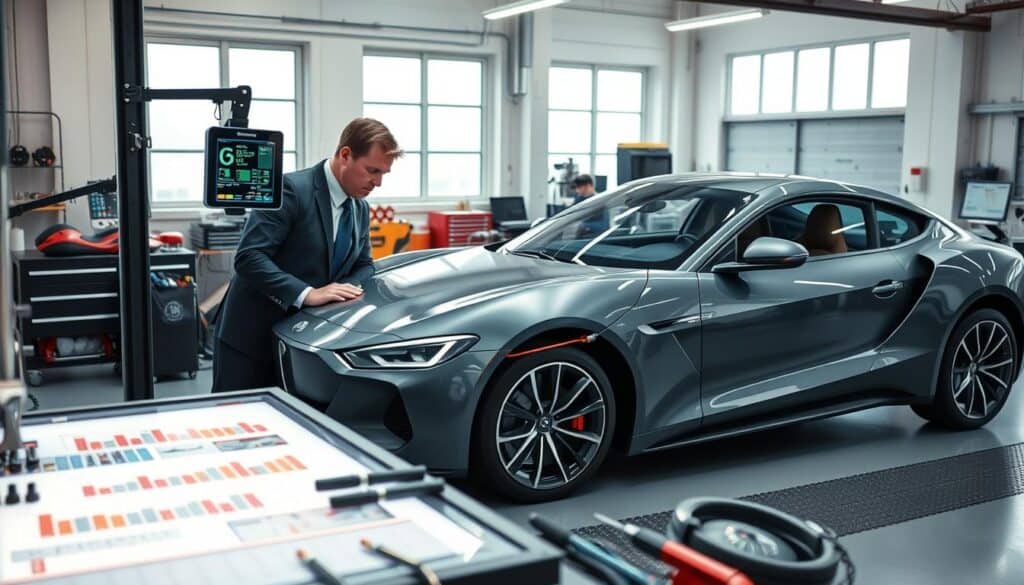 A detailed and comprehensive technical analysis of a vehicle, portrayed in a modern garage environment. In the foreground, a professional mechanic in business attire inspects a sleek, high-tech car model, using advanced diagnostic equipment. The mechanic is focused on a digital screen displaying vehicle data, with tools and spare parts organized neatly nearby. The middle ground features an illuminated workbench with various automotive tools and charts of vehicle performance metrics. The background shows a clean garage with large windows allowing natural light to filter in, creating a bright and professional atmosphere. The overall mood is one of meticulous attention to detail and professionalism, emphasizing the benefits of thorough vehicle analysis for drivers.