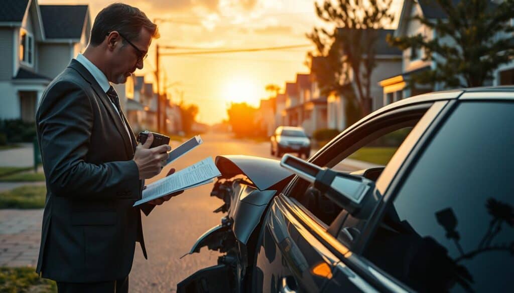 A detailed and realistic scene illustrating the assessment of an insurance claim for vehicle damage, focusing on the influence of location on valuation. In the foreground, a professional in business attire scrutinizes a heavily damaged car, taking notes and photographs with a digital camera, showing dedication and expertise. The middle ground features a suburban street with varying home styles, highlighting how different environments affect damage assessments. In the background, a warm sunset casts golden light over the scene, creating an inviting atmosphere. The angle captures both the intensity of the evaluation and the context of the location, emphasizing the interplay between the subject and environment. The mood is serious yet hopeful, reflecting the importance of accurate insurance calculations. A detailed and realistic scene illustrating the assessment of an insurance claim for vehicle damage, focusing on the influence of location on valuation. In the foreground, a professional in business attire scrutinizes a heavily damaged car, taking notes and photographs with a digital camera, showing dedication and expertise. The middle ground features a suburban street with varying home styles, highlighting how different environments affect damage assessments. In the background, a warm sunset casts golden light over the scene, creating an inviting atmosphere. The angle captures both the intensity of the evaluation and the context of the location, emphasizing the interplay between the subject and environment. The mood is serious yet hopeful, reflecting the importance of accurate insurance calculations.