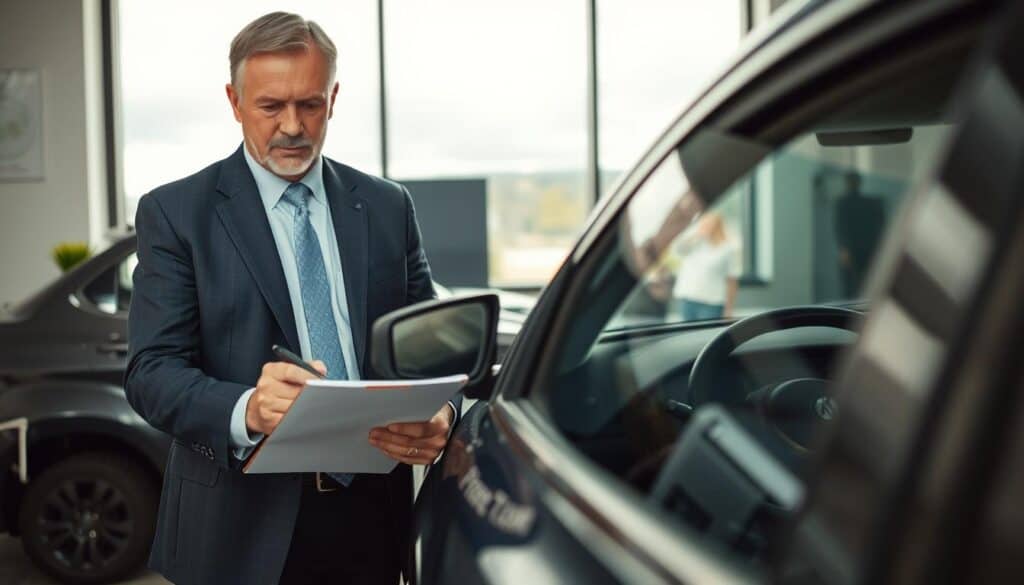 A detailed assessment of vehicle damage in a professional setting. In the foreground, a well-dressed insurance adjuster, a middle-aged Caucasian man in a suit, examines a damaged car with a focused expression, holding a clipboard and pen. In the middle ground, the vehicle shows visible dents, scratches, and partially exposed internal components, illustrating the extent of the damage. The background features an office environment with a large window revealing a cloudy sky, providing natural light that casts soft shadows. The atmosphere is serious and analytical, highlighting the importance of accurate damage assessment. Use a shallow depth of field to emphasize the adjuster and the car while slightly blurring the background. The overall mood should convey professionalism and meticulous attention to detail.