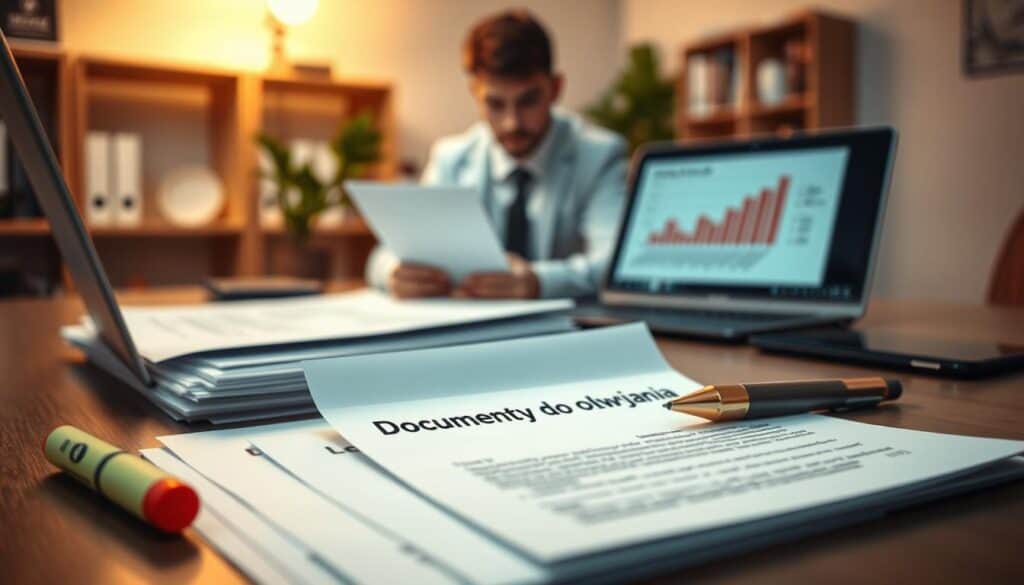 A detailed desk arrangement showcasing various documents for an appeal in an insurance context. In the foreground, a neatly stacked pile of paperwork titled "Dokumenty do odwołania," surrounded by a highlighter, a legal pen, and a laptop displaying a graph. In the middle ground, a blurred figure of a professional in business attire reviewing the documents with focused intent. The background features a softly lit office space with a bookshelf and a potted plant, providing a calm and organized atmosphere. The lighting is warm and inviting, accentuating the importance of preparation and precision in the appeal process. The angle captures the scene from a slight overhead perspective, emphasizing the workspace. A detailed desk arrangement showcasing various documents for an appeal in an insurance context. In the foreground, a neatly stacked pile of paperwork titled "Dokumenty do odwołania," surrounded by a highlighter, a legal pen, and a laptop displaying a graph. In the middle ground, a blurred figure of a professional in business attire reviewing the documents with focused intent. The background features a softly lit office space with a bookshelf and a potted plant, providing a calm and organized atmosphere. The lighting is warm and inviting, accentuating the importance of preparation and precision in the appeal process. The angle captures the scene from a slight overhead perspective, emphasizing the workspace.