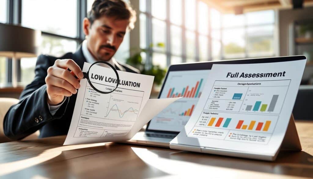 A detailed, informative scene illustrating the differences in damage assessment valuations. In the foreground, a professional-looking individual in business attire, analyzing two documents labeled “Low Valuation” and “Full Assessment,” holding a magnifying glass. In the middle, an open laptop displaying charts and graphs highlighting discrepancies in damage costs. The background features a modern office setting with large windows, allowing natural light to stream in, creating an uplifting atmosphere. Soft shadows enhance the depth of the image. The angle is slightly oblique to showcase both the documents and the laptop, emphasizing the contrast between the two valuation methods. The mood is focused and analytical, conveying a sense of professionalism and diligence.