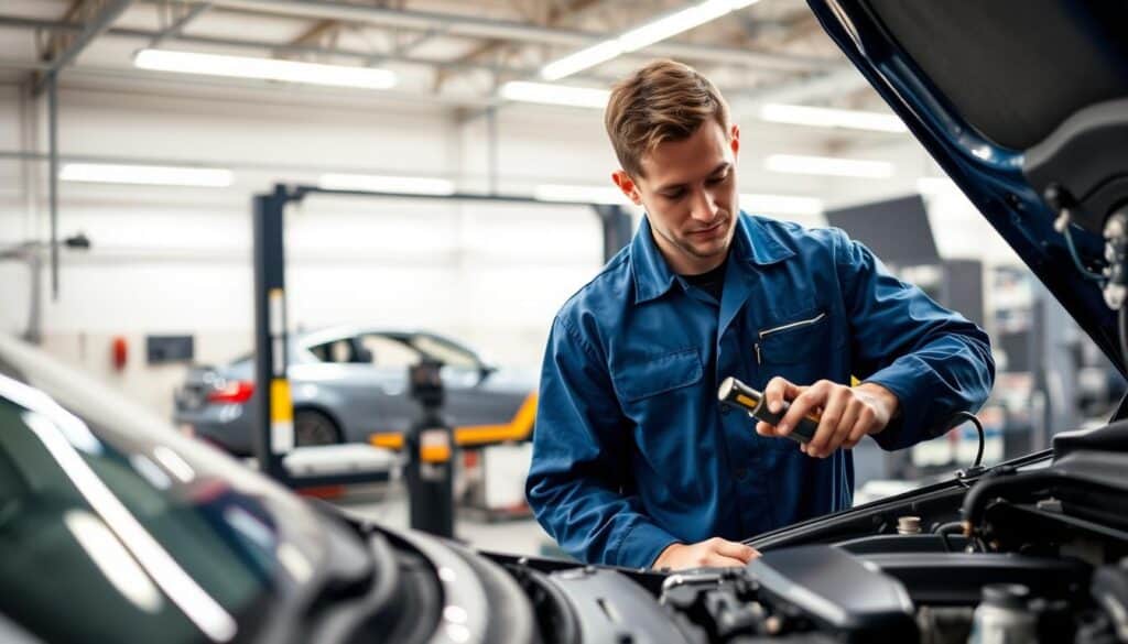 A detailed professional scene of a technical expert conducting an automotive inspection in a well-lit workshop. The foreground features a focused technician in a smart blue coverall, examining a car's engine with tools in hand, showcasing concentration and expertise. In the middle ground, various automotive diagnostic equipment and tools are neatly organized, with a car on a lift being inspected. The background includes soft ambient lighting that highlights the sleek metal surfaces of the workshop, creating a clean and organized atmosphere. The image conveys a sense of professionalism and technical acumen, emphasizing the importance of thorough technical assessments in automotive contexts.