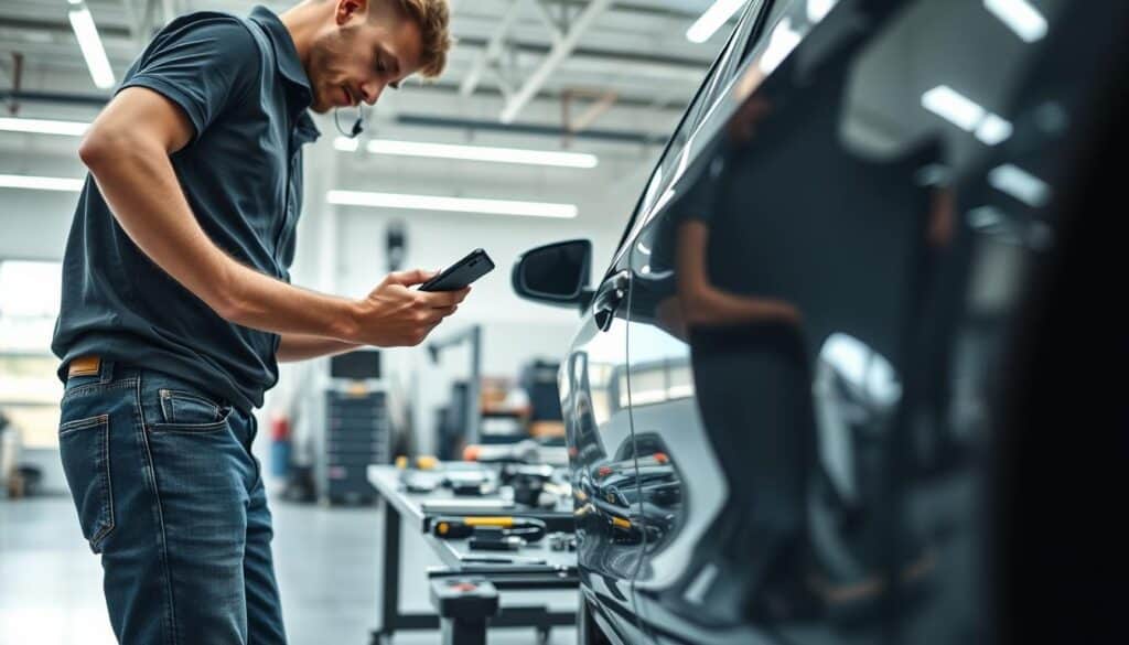 A detailed, professional technical analysis of vehicle damage scene. In the foreground, a qualified technician in a crisp, dark polo shirt and jeans, examining a dented car door with a focus on specific damage points using tools like a magnifying glass and a smartphone for documentation. In the middle ground, a workbench laden with various measuring instruments and parts, emphasizing a meticulous evaluation process. The background displays a spacious, well-lit garage environment, with bright overhead LED lights casting soft shadows. The mood is analytical and professional, reflecting expertise and precision in the assessment of automotive damage. The angle captures a balanced view, highlighting the technician's intense focus on the task while offering a contextual glimpse of the workspace. A detailed, professional technical analysis of vehicle damage scene. In the foreground, a qualified technician in a crisp, dark polo shirt and jeans, examining a dented car door with a focus on specific damage points using tools like a magnifying glass and a smartphone for documentation. In the middle ground, a workbench laden with various measuring instruments and parts, emphasizing a meticulous evaluation process. The background displays a spacious, well-lit garage environment, with bright overhead LED lights casting soft shadows. The mood is analytical and professional, reflecting expertise and precision in the assessment of automotive damage. The angle captures a balanced view, highlighting the technician's intense focus on the task while offering a contextual glimpse of the workspace.