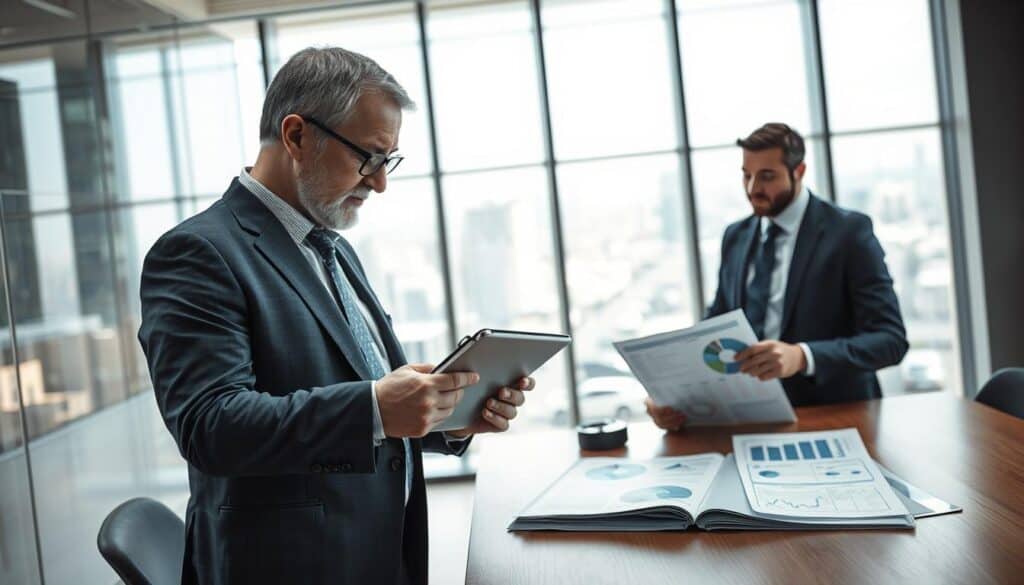 A detailed scene depicting a professional analysis of vehicle damage assessment in a modern office setting. In the foreground, a middle-aged financial analyst in a crisp suit reviews a digital tablet, showing detailed charts and images of damaged cars. In the middle ground, a large window lets in natural light, illuminating a spacious office filled with charts and documents about cost evaluations and expert reports. A coworker, also in business attire, is engaged in a discussion while pointing at a document on the desk. The background showcases a cityscape view, hinting at the industry's scale and professionalism. The atmosphere is serious yet collaborative, reflecting a focus on accuracy and expertise in vehicle damage assessments. Soft, balanced lighting enhances the professionalism of the scene.