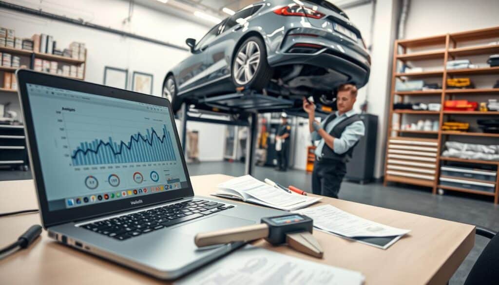 A detailed technical analysis of a vehicle in a professional setting. In the foreground, a well-organized workstation features a modern laptop displaying graphs and data analytics related to vehicle assessments. Scattered across the desk are high-tech tools such as a digital caliper and a vehicle inspection checklist. In the middle ground, a technician in smart casual attire examines a car on a lift, inspecting its undercarriage with a focused expression. The background showcases a clean, well-lit automotive workshop with shelves filled with manuals and tools. Soft, natural lighting highlights the scene, creating a serious yet informative atmosphere. The angle captures the technician's meticulous approach to documenting vehicle conditions, emphasizing the importance of thorough documentation in the valuation process.