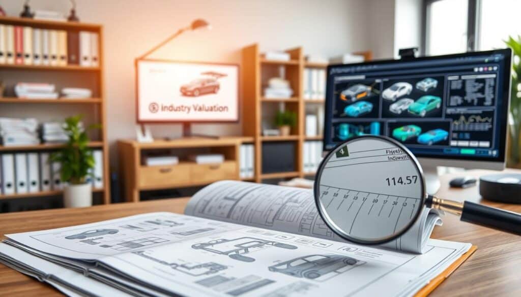 A detailed technical documentation scene, showcasing an open binder filled with blueprints, diagrams, and technical specifications on a modern wooden desk. In the foreground, a magnifying glass highlights a specific section of a blueprint. In the middle ground, a computer monitor displays digital models and data analysis related to vehicle valuation. The background features a bright and organized office environment with bookshelves containing technical manuals and industry reports, soft natural light streaming in through a window. The atmosphere is professional and focused, conveying the importance of accurate documentation in vehicle assessment. The image should be clean and free from any text overlays or branding.