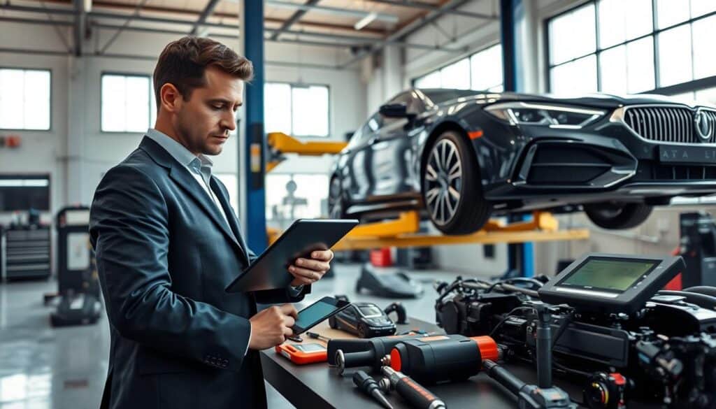 A detailed vehicle analysis scene set in a modern automotive workshop. In the foreground, a well-dressed professional examining a car's chassis with a focused expression, using a digital tablet to input data. In the middle ground, tools and parts are neatly arranged on a workbench, including diagnostic equipment, while a sleek vehicle is raised on a hydraulic lift. The background features large windows allowing natural light to illuminate the space, highlighting the cleanliness and organization of the workshop. The atmosphere is serious and technical, reflecting a commitment to precision and expertise. A wide-angle shot captures the entire scene, emphasizing the meticulous nature of vehicle assessment without any distractions or text.