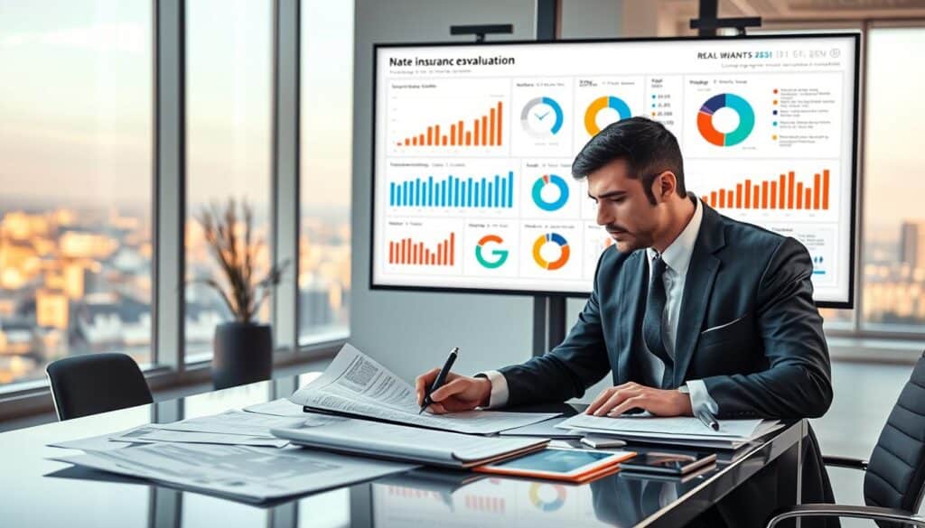 A detailed visual representation of real-world insurance valuations in a professional context. In the foreground, a business analyst in smart professional attire is examining a set of insurance documents and valuation reports on a sleek, modern desk. The middle ground showcases a large digital screen displaying graphs, figures, and pie charts related to damage assessments and valuations, illuminated by soft, ambient lighting. The background features a contemporary office environment with neutral colors, large windows letting in natural light, and a distant cityscape. The overall atmosphere is one of professionalism and analytical focus, with a slight hint of tension reflecting the complexities of insurance evaluation. The image should convey clarity and attention to detail, ideal for illustrating the topic of insurance valuations.