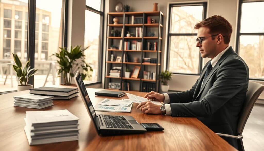 A modern office workspace dedicated to the evaluation of services, featuring a large wooden desk with professional documents stacked neatly, a laptop displaying graphs and statistics, and a calculator. In the foreground, a focused individual in professional business attire is analyzing documents related to service pricing. The middle ground includes a stylish bookshelf filled with industry-related books and awards, conveying expertise. In the background, large windows allow natural light to flood the space, creating a bright, inviting atmosphere. Soft shadows add depth, and plants add a touch of greenery. The scene evokes a sense of professionalism, trust, and thorough analysis. The camera angle is slightly elevated, giving a comprehensive view of the workspace. A modern office workspace dedicated to the evaluation of services, featuring a large wooden desk with professional documents stacked neatly, a laptop displaying graphs and statistics, and a calculator. In the foreground, a focused individual in professional business attire is analyzing documents related to service pricing. The middle ground includes a stylish bookshelf filled with industry-related books and awards, conveying expertise. In the background, large windows allow natural light to flood the space, creating a bright, inviting atmosphere. Soft shadows add depth, and plants add a touch of greenery. The scene evokes a sense of professionalism, trust, and thorough analysis. The camera angle is slightly elevated, giving a comprehensive view of the workspace.