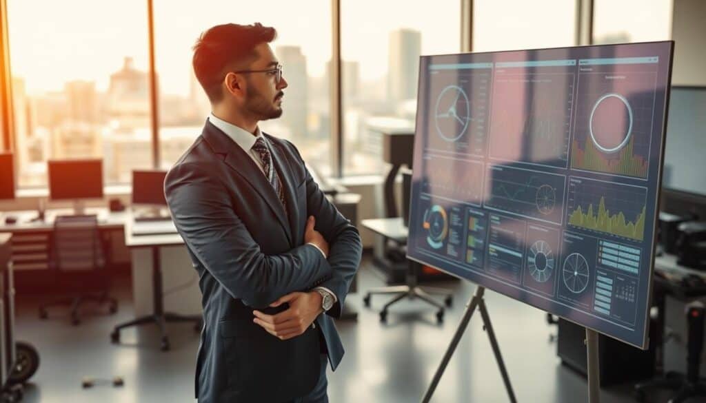A professional analyst stands confidently in the foreground, examining a large digital display of intricate graphs and charts representing a comprehensive technical analysis of vehicle damages. The analyst, dressed in smart business attire, closely analyzes the data with focused determination. In the middle ground, an office environment is depicted, filled with modern equipment and tools relevant to automotive assessments, illustrating a high-tech setting. The background features a large window overlooking a cityscape, casting soft natural light into the room. The overall atmosphere is one of professionalism and clarity, suggesting a moment of discovery and insight. The color palette is warm and inviting, enhancing the serious yet optimistic mood of the analysis process.