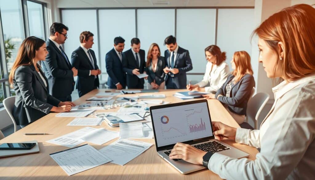 A professional and informative scene depicting a "Guide for the Injured." In the foreground, a diverse group of individuals, dressed in business attire, is engaged in a discussion, reviewing documents and a laptop about accident claims. In the middle ground, a large table is filled with papers, insurance forms, and a laptop showing graphs of damage analysis, conveying a sense of collaboration and expertise. The background features a clean, well-lit office space with large windows, allowing natural light to illuminate the environment, creating a warm and inviting atmosphere. The image should evoke a mood of professionalism and support, emphasizing guidance and reassurance for those impacted by incidents. Soft shadows and balanced lighting enhance the clarity of the objects while keeping the focus on the collaborative effort in the scene.