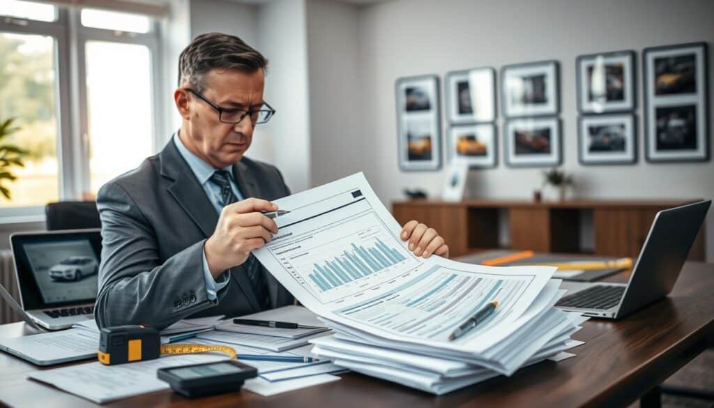 A professional appraiser, or "rzeczoznawca," in a modern office setting, surrounded by documentation and assessment tools. In the foreground, a focused middle-aged man in a tailored suit examines a detailed car valuation report with a pen in hand. The middle layer features a desk cluttered with files, a laptop displaying graphs, and a measuring tape next to a car model. The background shows a large window with soft natural light streaming in, illuminating the room, and framed photographs of vehicles on the wall. The atmosphere is serious yet collaborative, emphasizing the importance of thorough evaluation in insurance claims. Use a slight depth of field effect to focus on the appraiser while gently blurring the background elements, creating a professional yet approachable mood.