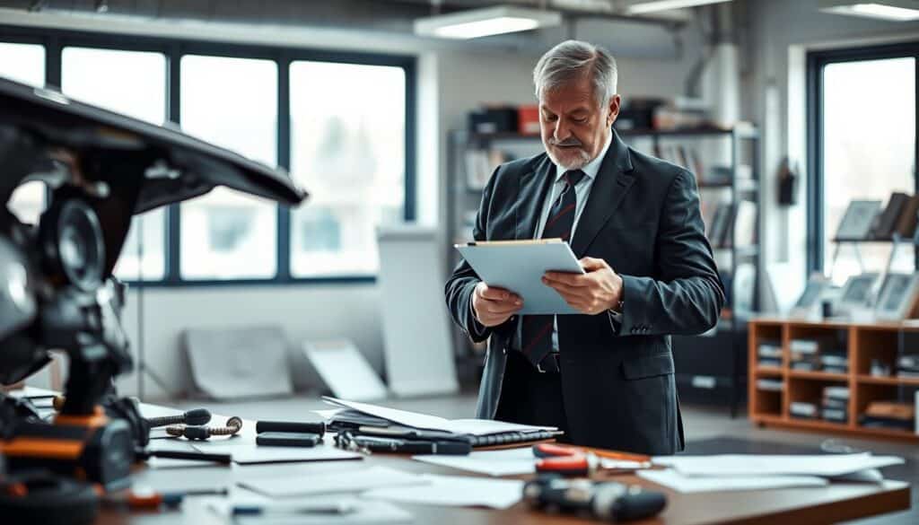 A professional automotive expert inspecting a damaged vehicle in a well-lit office setting. In the foreground, a middle-aged man in a business suit, holding a clipboard, examines the car's exterior meticulously. In the middle ground, there is a desk with various automotive tools and documents spread out, showcasing the detailed evaluation process. The background features large windows, allowing natural light to flood in and create a calm atmosphere. Out of focus are shelves filled with automotive repair manuals and reference books. The mood is analytical and focused, reflecting the thoroughness required for an independent appraisal. Use a realistic approach, simulating a subtle depth of field to emphasize the expert's dedication to accurate damage assessment.