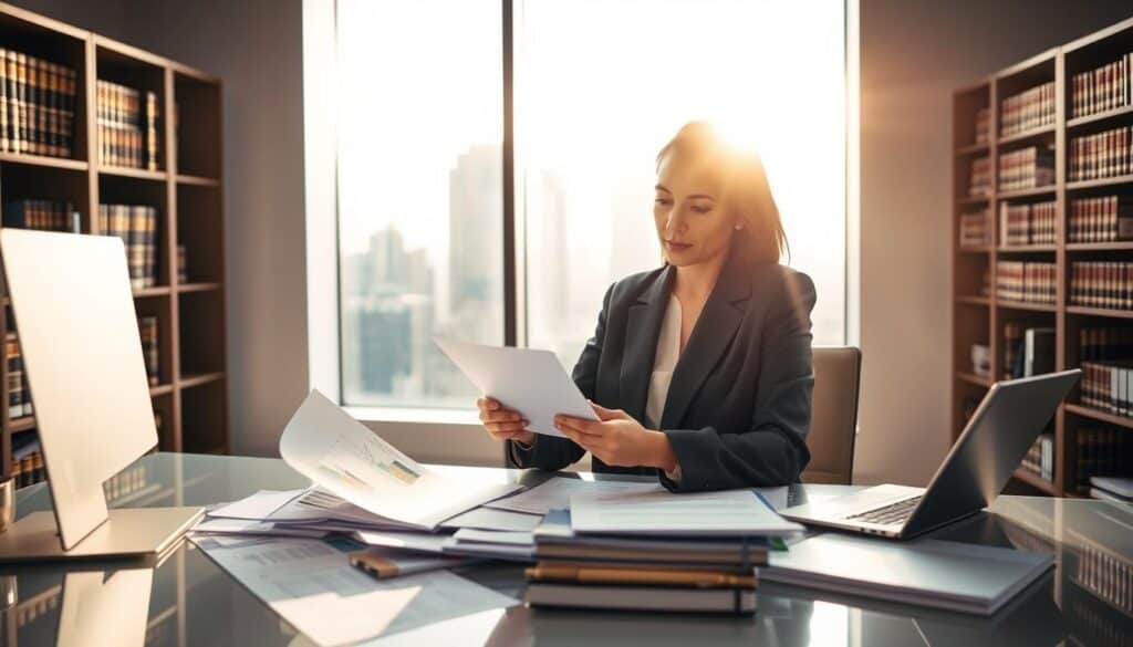 A professional businesswoman in a formal suit is seated at a sleek modern desk, intensely analyzing documents and calculations related to damage assessment. In the foreground, the desk is cluttered with evaluation papers, insurance forms, and a digital tablet displaying graphs. Behind her, a large window reveals a cityscape bathed in soft morning light, casting a warm ambiance. The middle ground features bookshelves filled with law and insurance textbooks, emphasizing expertise in the field. Natural light filters through the window, creating a thoughtful and serious atmosphere. The angle captures her focused expression, highlighting determination and professionalism. No text or distractions in the image, just a clear portrayal of dedication to fair damage analysis.