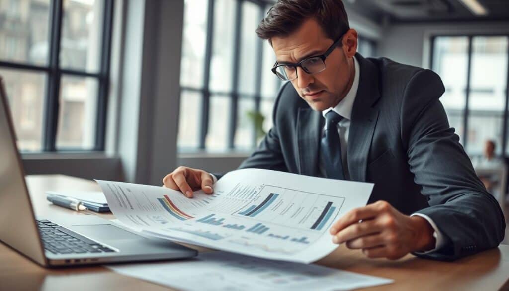 A professional consultant in a smart business suit analyzing a detailed car accident assessment report on a desk, surrounded by papers and a laptop displaying graphs and statistics. In the background, a blurred office environment with large windows letting in natural light. The foreground shows the consultant’s focused expression, emphasizing determination and expertise in evaluating damages. Soft lighting enhances the atmosphere, conveying a sense of importance and gravity, while the overall composition is framed from a slightly elevated angle to capture both the consultant and the report clearly. The image conveys the crucial role of thorough assessments in determining compensation.