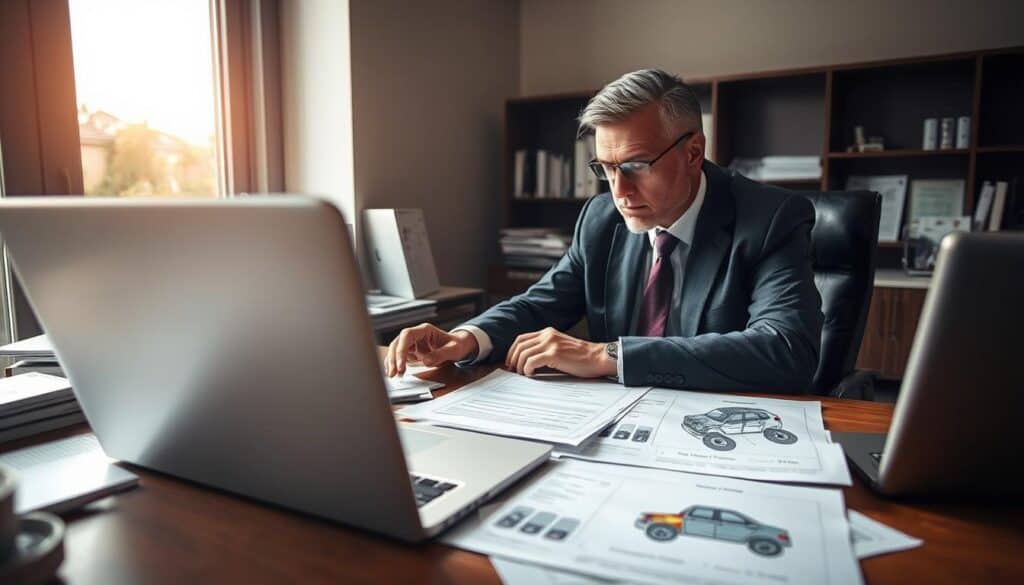 A professional expert in a formal business suit, seated at a desk cluttered with paperwork, closely examining a detailed damage evaluation report. In the foreground, an open laptop displays a software interface for insurance calculations. The middle ground features scattered documents labeled with specific damage assessments and illustrations of a vehicle’s damaged areas. The background shows a large window with soft natural light streaming in, casting a warm glow across the office space, enhancing a sense of diligence and focus. The mood is serious and authoritative, underscoring the importance of an independent assessment in contrast to standard insurance evaluations, creating a visual that conveys trust and professionalism.