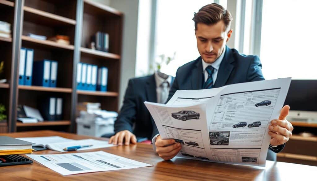 A professional insurance adjuster examining a detailed damage assessment report in a well-lit office setting. The foreground features a neatly organized desk with the report open, showcasing clearly outlined damage estimates and photographs of a vehicle. In the middle, the adjuster, dressed in a smart business suit, is focused on the report, with an expression of concentration and determination. Background elements include shelves with insurance books and a large window allowing natural light to stream in, creating a warm and inviting atmosphere. The overall mood conveys professionalism and diligence, emphasizing the importance of accurate damage evaluation in the insurance industry.