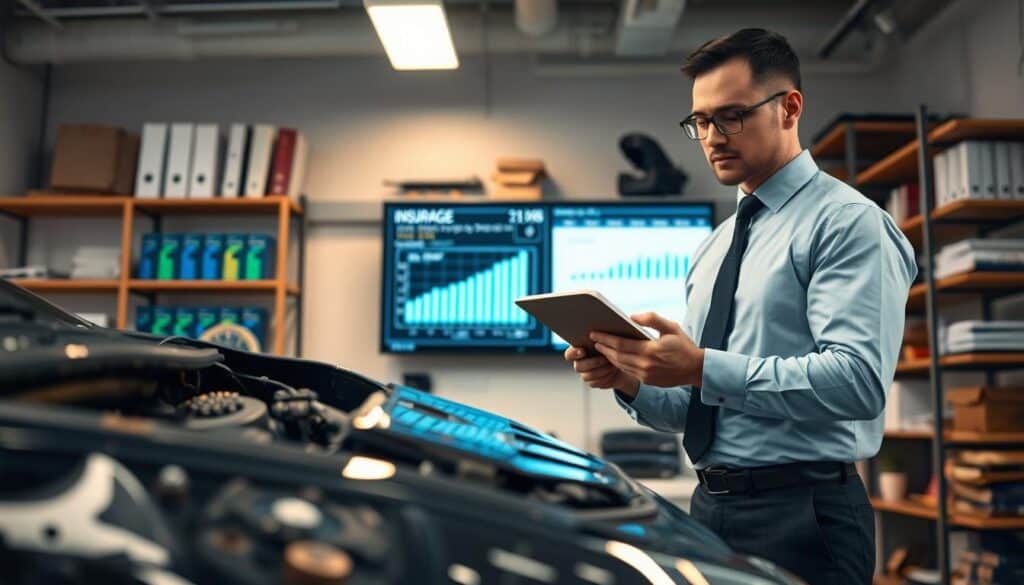 A professional insurance adjuster in a modern office setting, wearing business attire, carefully examining vehicle damage with a clipboard in hand. The foreground features detailed images of various car parts with visible damages, emphasizing the meticulous nature of damage assessment. In the middle ground, a large digital screen displays numerical data and charts related to damage valuation, showcasing modern technology in use. The background includes shelves filled with insurance reference books and tools of the trade, creating a sense of professionalism and thoroughness. Soft, warm lighting illuminates the scene from above, casting gentle shadows and highlighting the focus on accuracy. The atmosphere conveys diligence and expertise, emphasizing the importance of precise damage evaluation.