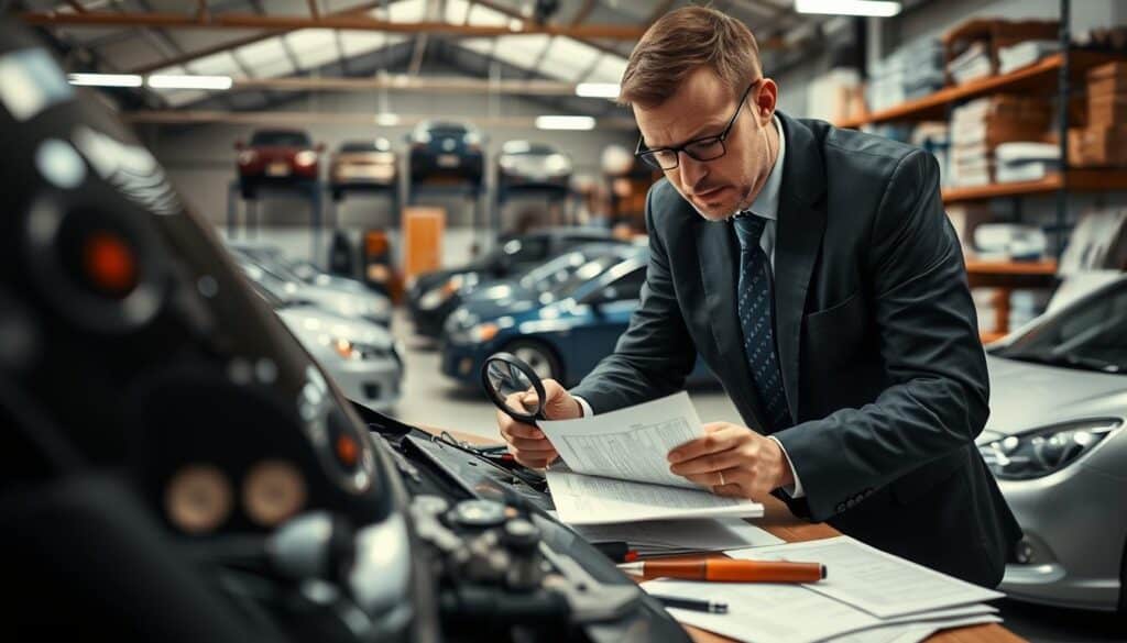 A professional insurance appraiser, dressed in a tailored dark suit and tie, is seen analyzing a car on a workshop counter surrounded by tools and paperwork. In the foreground, a close-up of the appraiser's focused expression while examining a vehicle's damage with a magnifying glass. In the middle ground, a well-lit garage filled with various vehicles in varying conditions, highlighting both new cars and older models. The background features shelves with automotive guides, insurance manuals, and reference materials, creating an atmosphere of expertise and professionalism. Soft, even lighting illuminates the scene, emphasizing the appraiser's diligence and the importance of accurate evaluation. The angle captures a dynamic view, portraying the blend of technical knowledge and practical inspection in the field of insurance appraisal. A professional insurance appraiser, dressed in a tailored dark suit and tie, is seen analyzing a car on a workshop counter surrounded by tools and paperwork. In the foreground, a close-up of the appraiser's focused expression while examining a vehicle's damage with a magnifying glass. In the middle ground, a well-lit garage filled with various vehicles in varying conditions, highlighting both new cars and older models. The background features shelves with automotive guides, insurance manuals, and reference materials, creating an atmosphere of expertise and professionalism. Soft, even lighting illuminates the scene, emphasizing the appraiser's diligence and the importance of accurate evaluation. The angle captures a dynamic view, portraying the blend of technical knowledge and practical inspection in the field of insurance appraisal.