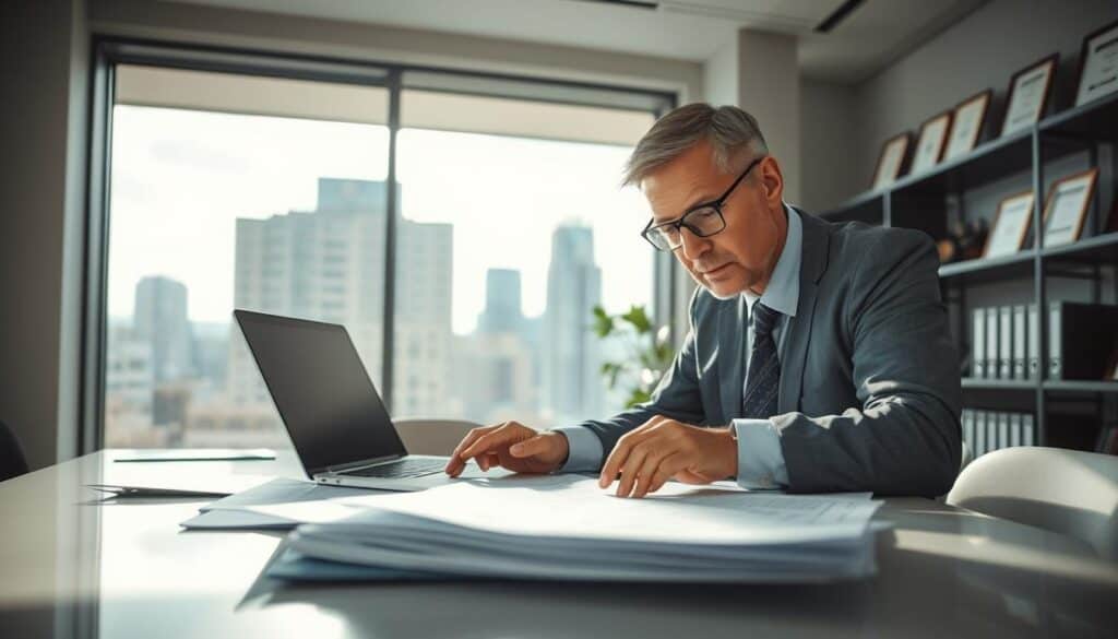 A professional insurance appraiser in a modern office, focused and engaged in detailed analysis of car damage reports. The foreground features a middle-aged man in business attire, wearing glasses, thoughtfully examining documents spread across a sleek desk with a laptop open beside him. In the middle ground, a large window shows a cityscape outside, with natural light softly illuminating the room and casting gentle shadows. In the background, shelves lined with industry manuals and framed certificates add context to his expertise. The atmosphere is serious yet calm, reflecting the important role of an appraiser in resolving disputes related to vehicle valuations. The angle captures both the subject’s face and the workspace, emphasizing professionalism and diligence.