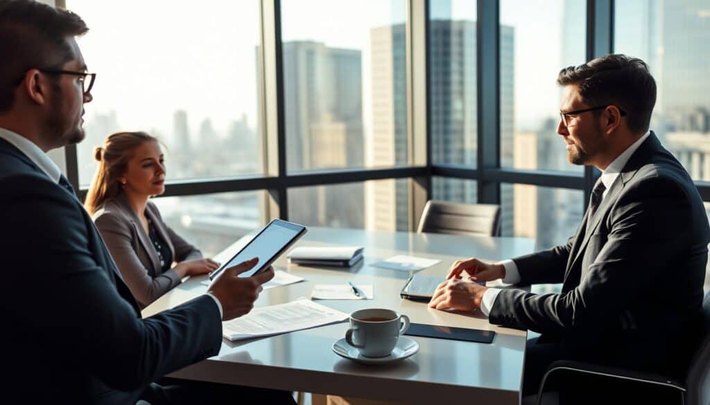 A professional negotiation scene with two individuals discussing in a modern office setting. In the foreground, a well-dressed male insurance agent, confidently presenting information on a tablet, and a female client in a business suit, looking engaged and thoughtful. The middle layer features a sleek conference table cluttered with documents, a laptop, and a cup of coffee, symbolizing the negotiation process. In the background, large windows reveal a city skyline during the day, with soft, natural lighting pouring into the room, creating a calm and focused atmosphere. The overall mood is professional and serious, emphasizing the importance of clear communication and analysis in insurance negotiations.