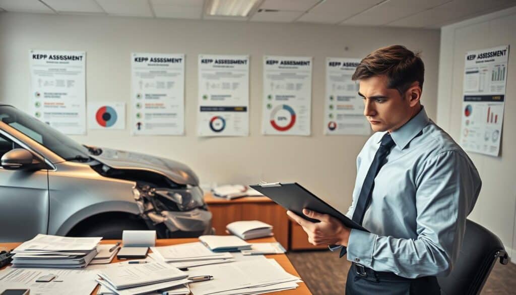 A professional office environment depicting common errors in damage assessment. In the foreground, a focused business professional in formal attire is examining a damaged vehicle with a clipboard, showcasing a concerned expression. In the middle ground, a large work desk cluttered with documents, claims reports, and repair estimates, illustrating disorganized evaluations. The background features a wall with posters highlighting key assessment metrics and statistics, subtly emphasizing the misjudgment theme. Soft, diffused lighting creates a serious yet informative atmosphere. The angle is slightly elevated, giving a clear view of the desk and the person’s focused actions. The overall mood conveys the importance of accurate damage assessment in the automotive industry. A professional office environment depicting common errors in damage assessment. In the foreground, a focused business professional in formal attire is examining a damaged vehicle with a clipboard, showcasing a concerned expression. In the middle ground, a large work desk cluttered with documents, claims reports, and repair estimates, illustrating disorganized evaluations. The background features a wall with posters highlighting key assessment metrics and statistics, subtly emphasizing the misjudgment theme. Soft, diffused lighting creates a serious yet informative atmosphere. The angle is slightly elevated, giving a clear view of the desk and the person’s focused actions. The overall mood conveys the importance of accurate damage assessment in the automotive industry.