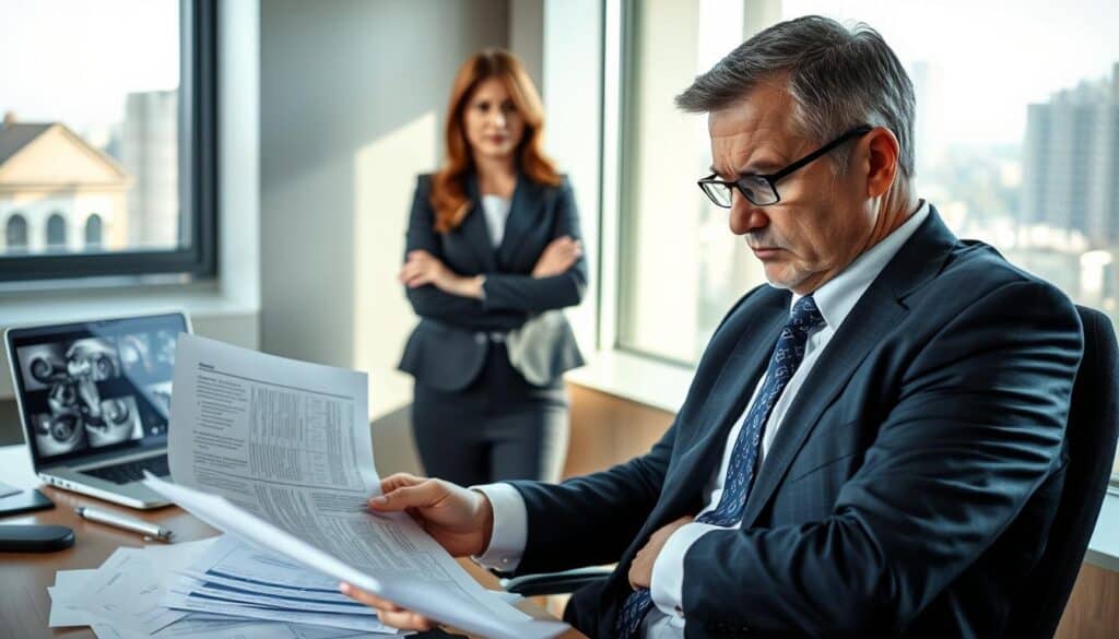 A professional office setting depicting a serious discussion about a traffic accident claim. In the foreground, a middle-aged man in a smart business suit is seated at a desk, examining insurance documents with a concerned expression. The middle ground features a woman in professional attire, standing with her arms crossed, looking thoughtfully at a laptop showing accident images. The background includes a window with soft natural light streaming in, revealing a cityscape. The atmosphere is tense yet focused, conveying the gravity of the discussion surrounding the consequences of overlooking damages in insurance evaluations. The image captures the urgency and importance of thorough assessment in the field of insurance. A professional office setting depicting a serious discussion about a traffic accident claim. In the foreground, a middle-aged man in a smart business suit is seated at a desk, examining insurance documents with a concerned expression. The middle ground features a woman in professional attire, standing with her arms crossed, looking thoughtfully at a laptop showing accident images. The background includes a window with soft natural light streaming in, revealing a cityscape. The atmosphere is tense yet focused, conveying the gravity of the discussion surrounding the consequences of overlooking damages in insurance evaluations. The image captures the urgency and importance of thorough assessment in the field of insurance.