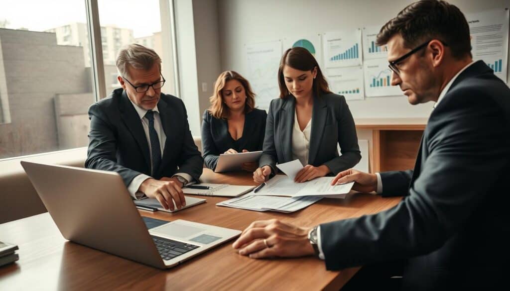 A professional office setting featuring a group of businesspeople gathered around a large table, examining documents and discussing insurance claims. In the foreground, a middle-aged man in a sharp suit points to a spreadsheet on his laptop, highlighting discrepancies in compensation amounts. Beside him, a woman in a smart blazer takes notes, her expression serious and focused. In the background, large windows allow soft, natural light to illuminate the room, creating a warm yet professional atmosphere. The walls are lined with charts and data visualizations about insurance and claims processes. The overall mood conveys urgency and responsibility, emphasizing accountability in the insurance sector for undercompensation. The image is framed from a slightly elevated angle to capture the entire scene effectively.