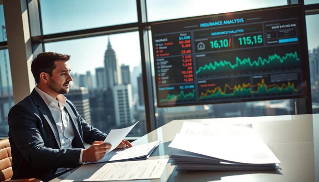 A professional office setting illustrates the costs associated with independent analysis. In the foreground, a business analyst in a crisp white shirt and navy blazer reviews documents on a sleek modern desk, surrounded by financial charts and graphs. In the middle, a large window reveals a bustling cityscape, conveying a sense of professionalism and urgency. The background features a digital display board showcasing fluctuating data and analytics related to insurance evaluations. The lighting is bright and natural, streaming in from the window, casting soft shadows to create an inviting atmosphere. The mood is focused and analytical, emphasizing diligence and clarity in financial assessments.