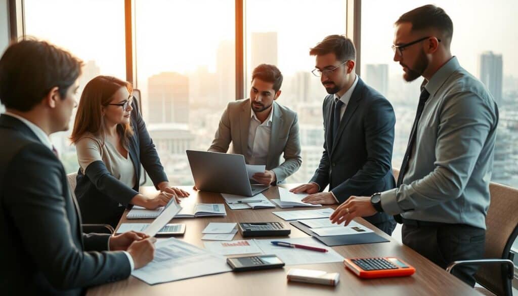 A professional office setting showcasing a discussion on insurance valuation processes. In the foreground, a diverse group of three professionals in business attire, a woman and two men, are engaged in a focused conversation over documents and a laptop. The middle of the image features a well-organized conference table with papers, graphs, and a calculator, illustrating the complexities of insurance assessments. In the background, a large window reveals a city skyline bathed in soft, natural light, creating a calm and productive atmosphere. The image should convey a sense of collaboration and expertise, with warm lighting to enhance the inviting ambiance. Capture the scene with a slight angle to emphasize engagement and teamwork.