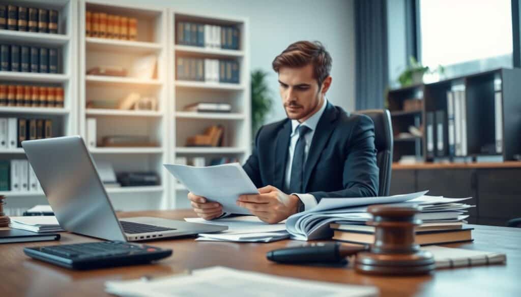 A professional office setting with a focus on a business person sitting at a desk, reviewing documents related to a low damage valuation appeal. In the foreground, a neatly organized desk with papers, a laptop, and a calculator. The middle ground features the business person, dressed in smart professional attire, looking thoughtfully at a stack of documents. The background shows a bookshelf filled with legal and technical reference books, a large window with soft, natural light pouring in, creating a calm and focused atmosphere. The lens focuses on the individual, with a shallow depth of field that gently blurs the background, emphasizing the seriousness and importance of preparing an effective appeal. The overall mood is professional and contemplative, aiming to evoke a sense of diligence and thorough analysis. A professional office setting with a focus on a business person sitting at a desk, reviewing documents related to a low damage valuation appeal. In the foreground, a neatly organized desk with papers, a laptop, and a calculator. The middle ground features the business person, dressed in smart professional attire, looking thoughtfully at a stack of documents. The background shows a bookshelf filled with legal and technical reference books, a large window with soft, natural light pouring in, creating a calm and focused atmosphere. The lens focuses on the individual, with a shallow depth of field that gently blurs the background, emphasizing the seriousness and importance of preparing an effective appeal. The overall mood is professional and contemplative, aiming to evoke a sense of diligence and thorough analysis.