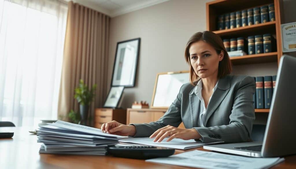 A professional office setting with a focus on a woman in business attire, sitting at a desk reviewing documents related to an insurance claim appeal. In the foreground, the woman looks concerned, with a stack of papers, a calculator, and a laptop in front of her. In the middle, there is a large window letting in natural light, illuminating the room and creating a warm, focused atmosphere. On a nearby wall, a framed certificate of achievement is visible. In the background, shelves with legal books and insurance pamphlets add context. The image conveys determination and professionalism, emphasizing the serious nature of filing an appeal against an insurance decision. The lighting is soft yet bright, enhancing clarity and focus on the subject.
