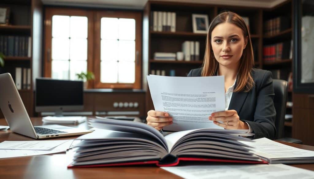 A professional office setting with a focused atmosphere, featuring a well-dressed businesswoman seated at a sleek desk covered with documents and a laptop. In her hands, she holds a formal complaint letter, with a look of determination on her face. The midground shows a detailed view of an open folder with invoices and receipts, demonstrating thorough preparation for a claim. The background consists of a large window with natural light filtering in, highlighting bookshelves filled with legal and business literature. The overall mood is serious and concentrated, emphasizing the importance of a detailed approach to handling disputes. The image should be bright and clear, shot from a slightly elevated angle, capturing the essence of professionalism and expertise in conflict resolution.