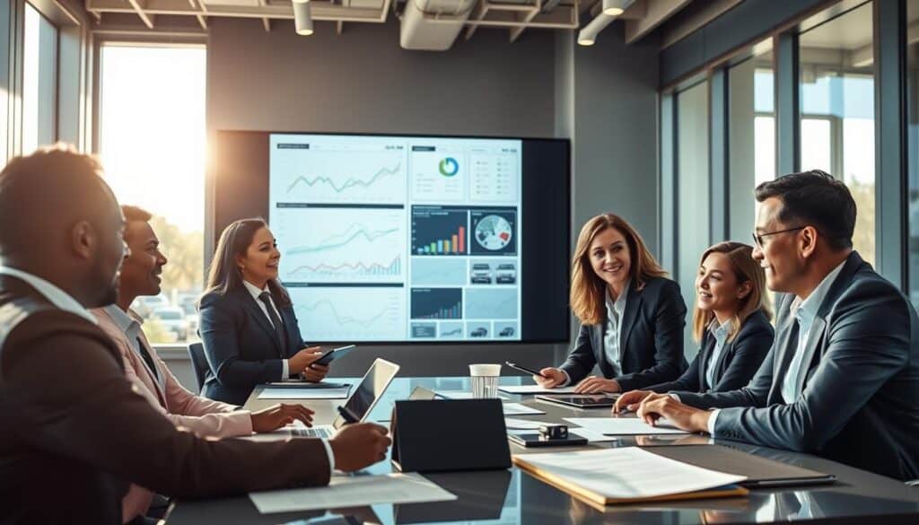 A professional scene depicting the benefits of independent expertise in the context of auto insurance assessment. In the foreground, a diverse group of four professionals, dressed in smart business attire, engage in an animated discussion around a table covered with documents and digital devices, suggesting collaboration and analysis. In the middle ground, a large screen displays complex data and charts related to vehicle valuations, symbolizing clarity and transparency. The background features a well-lit modern office environment with large windows, allowing natural sunlight to fill the space, creating an atmosphere of trust and professionalism. The overall mood is one of confidence and teamwork, emphasizing the positive impact of independent assessments in ensuring fair evaluations in the insurance industry.
