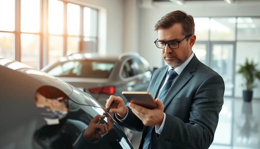 A professional, serious scene depicting an independent damage analysis process. In the foreground, a well-dressed expert, wearing a formal business suit, is closely examining a damaged vehicle, using a tablet and measuring tools. The middle layer features a detailed view of the vehicle's dents and scratches, with the expert's focused expression highlighting the importance of accurate assessment. The background showcases a bright, modern office environment with large windows allowing natural light to flood the space, creating a clean and professional atmosphere. The mood is one of diligence and integrity, emphasizing trust in independent analysis. The composition should be shot from an eye-level angle, reflecting a sense of engagement and professionalism.